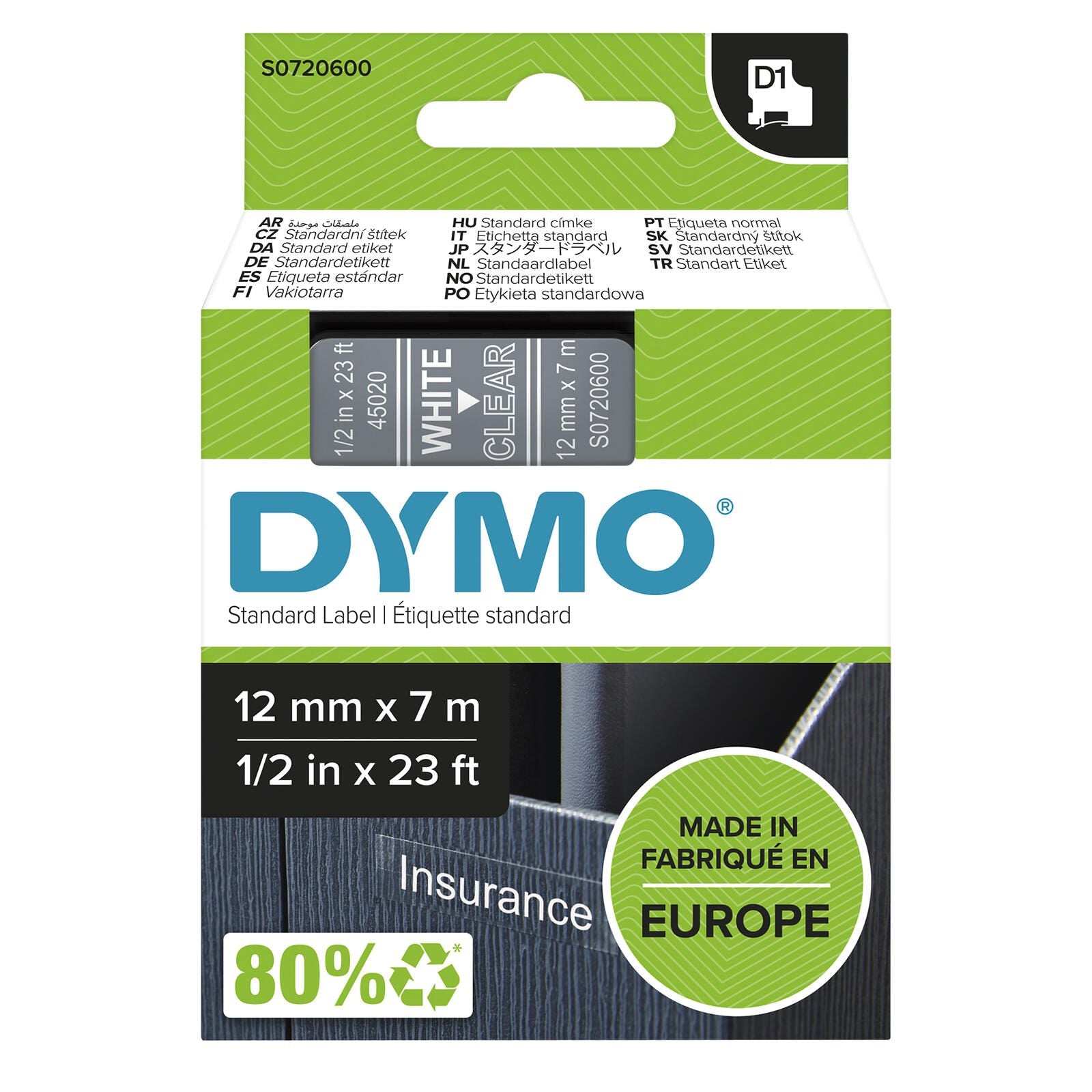 DYMO® Original D1-Schriftband für LabelManager™ 12mm x 7m - Polyester, wieder ablösbar - weiss auf transparent