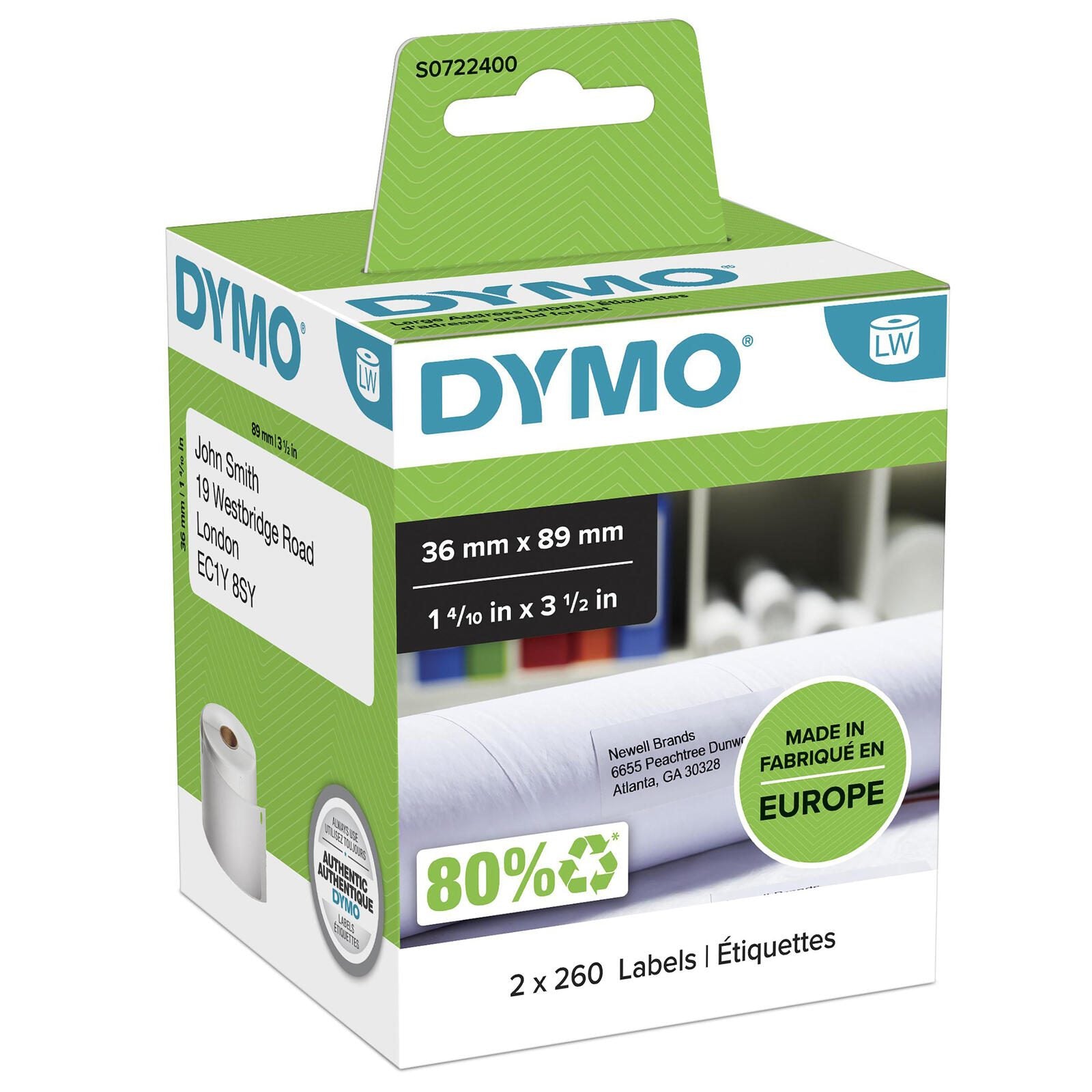 DYMO® Original Etikett für LabelWriter™, Adressen - weiss - permanent haftend, 2 x 260 Etiketten