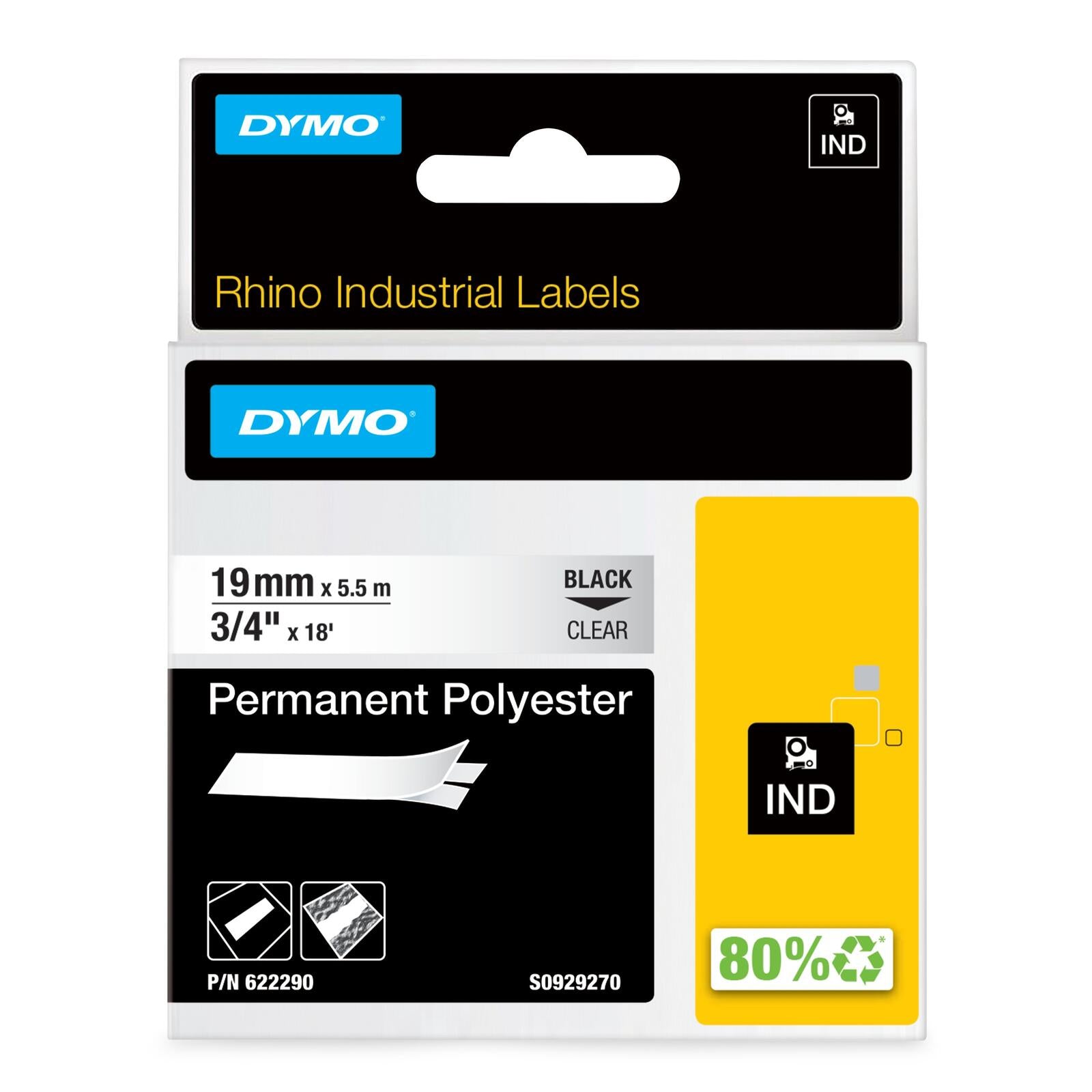 DYMO® Original IND-Schriftband für Rhino, Permanent Polyester - schwarz auf transparent
