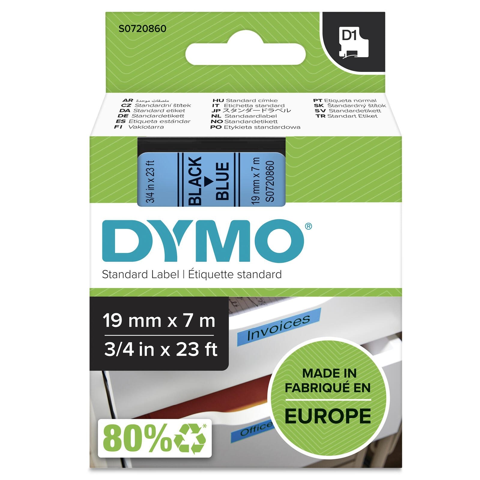 DYMO® Original D1-Schriftband für LabelManager™ 19mm x 7m - Polyester, wieder ablösbar - schwarz auf blau