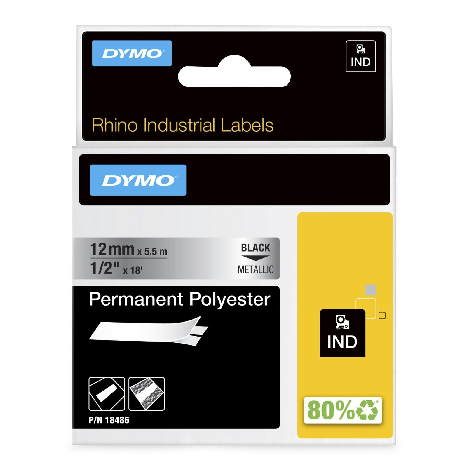 DYMO® Original IND-Schriftband für Rhino, Permanent Polyester - schwarz auf metallic