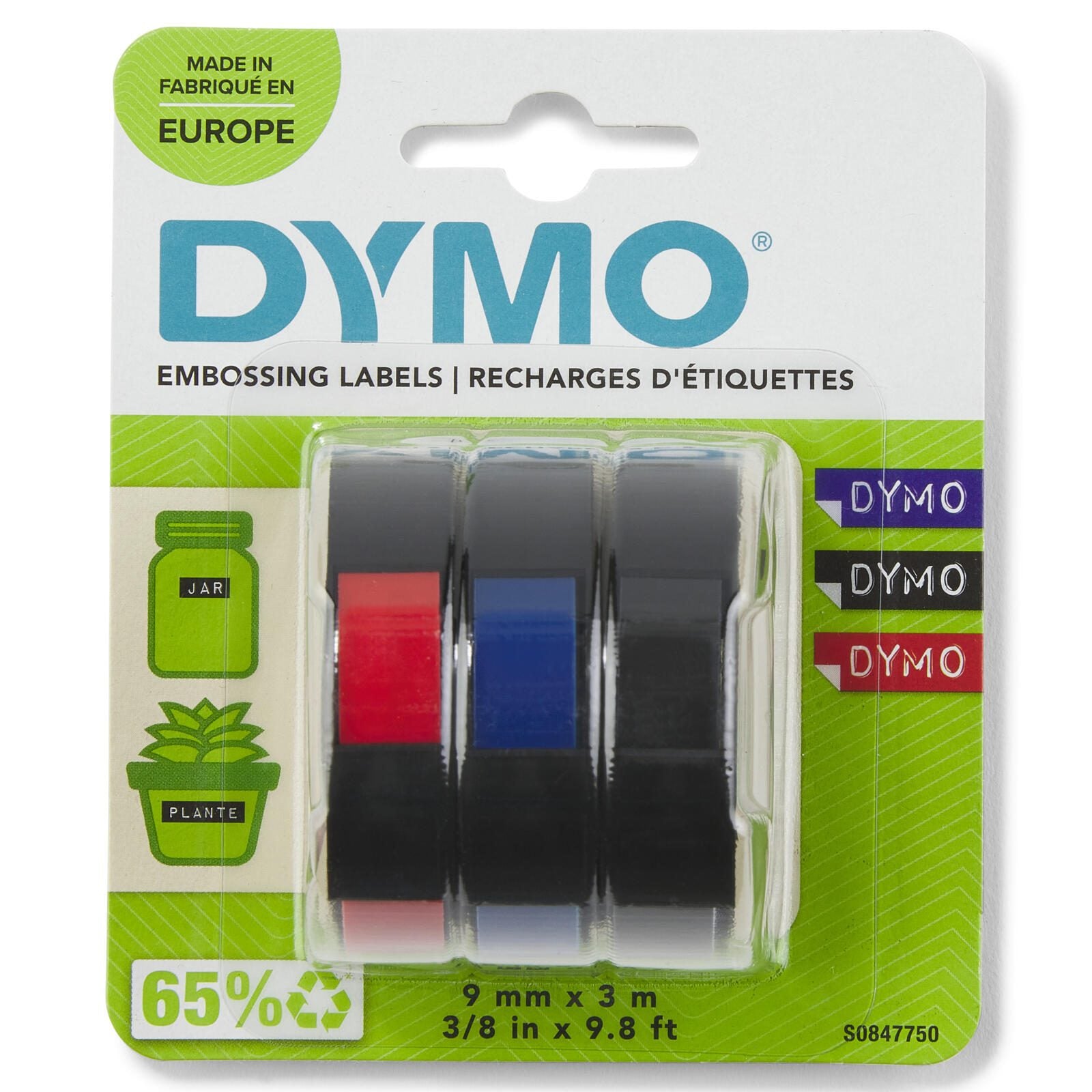 DYMO® Original Prägeband-StarterSet für OMEGA und JUNIOR, Plastik - je 1 x glänzend schwarz, rot, blau