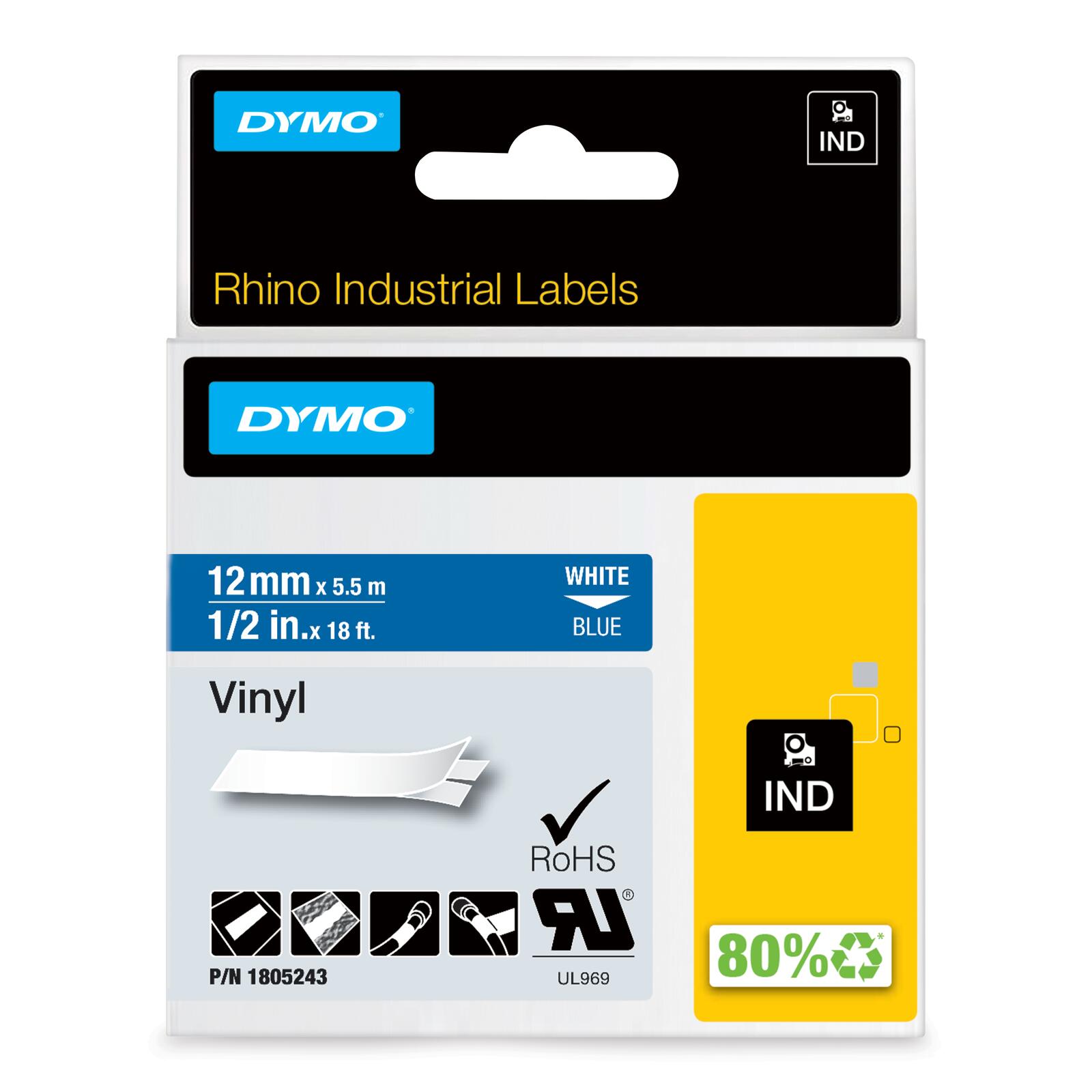DYMO® Original IND-Schriftband für Rhino, farbiges Vinyl - weiss auf blau