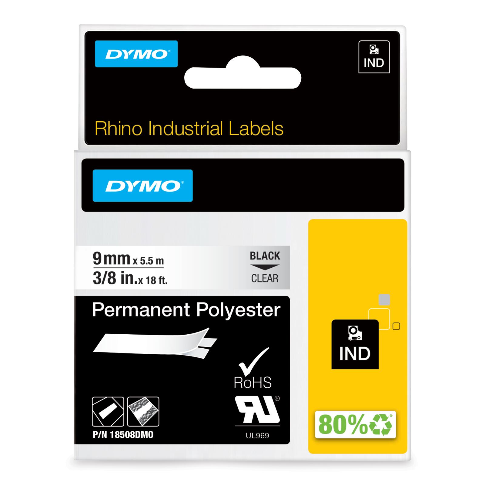 DYMO® Original IND-Schriftband für Rhino, Permanent Polyester - schwarz auf transparent