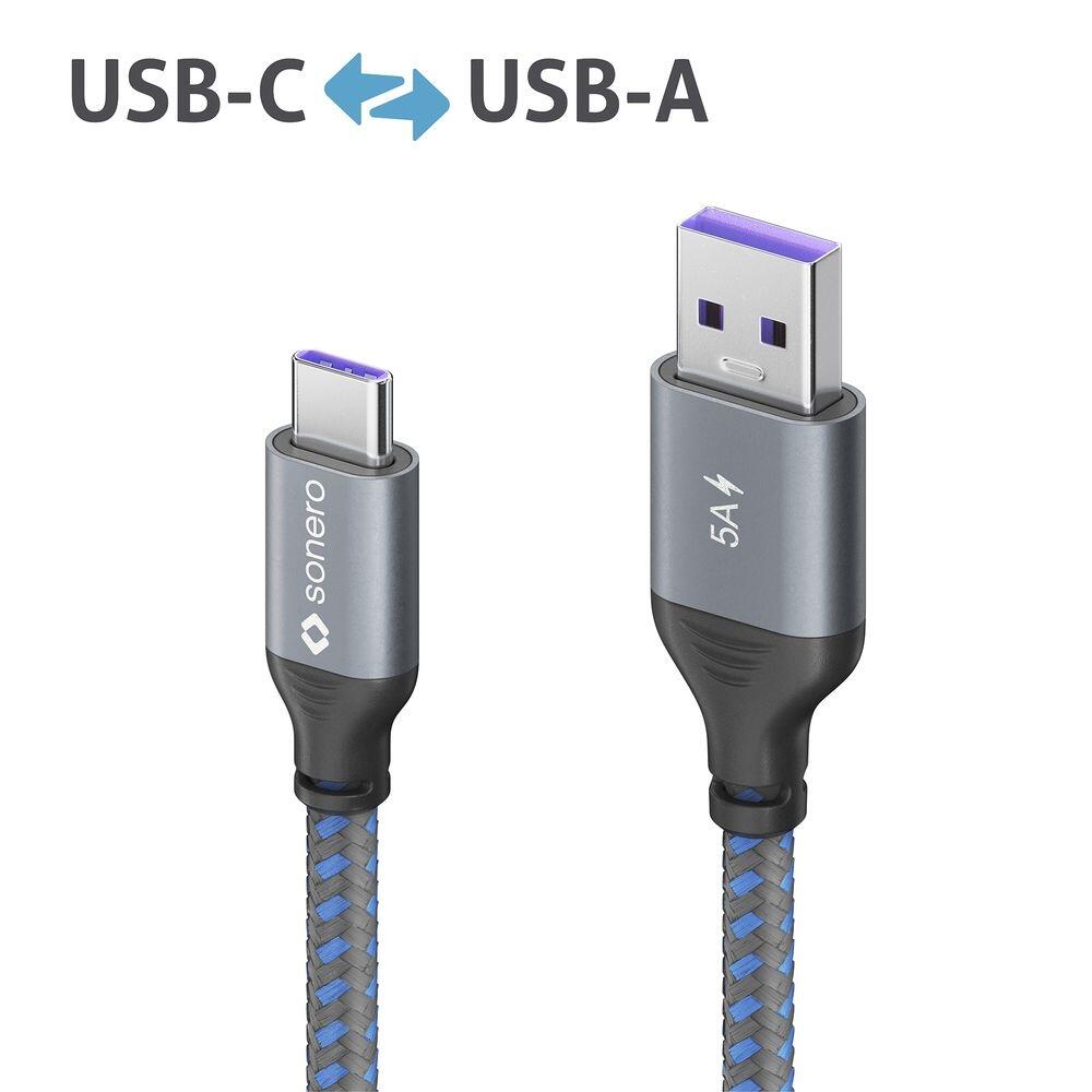 Sonero USB-C auf USB-A Ladekabel - USB 2.0, Super-Fast Charge 5V/5A - grau/blau - 0,50m