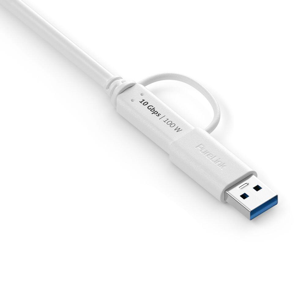 PureLink USB-C auf USB-C Kabel mit USB-A Aufsatz - 3.2 Gen 2x1, 5A, 10G, DP Alt Mode - iSerie - weiß - 0,50m