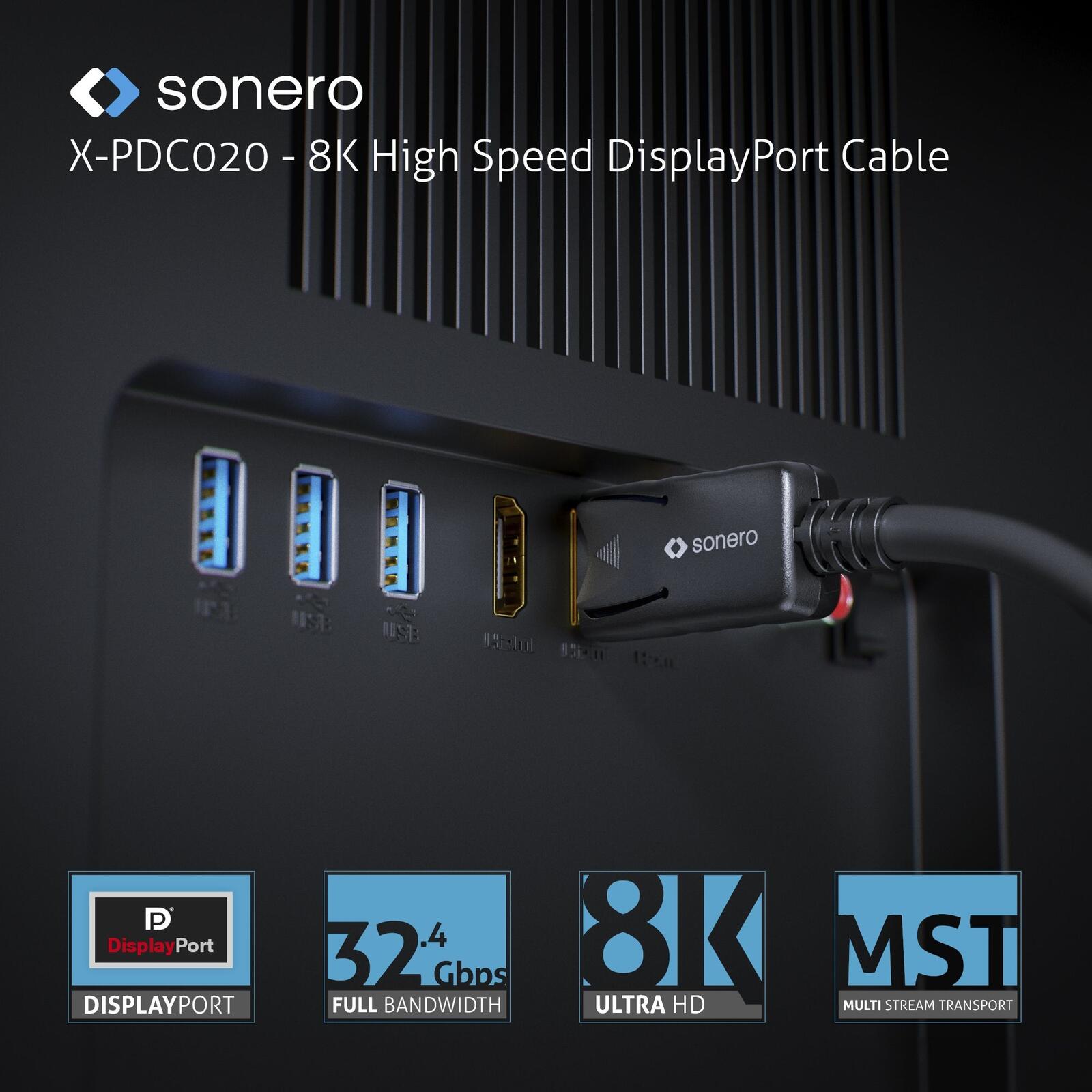 Sonero DisplayPort 1.4v Kabel, 8K60, 30AWG, schwarz, 1,80m