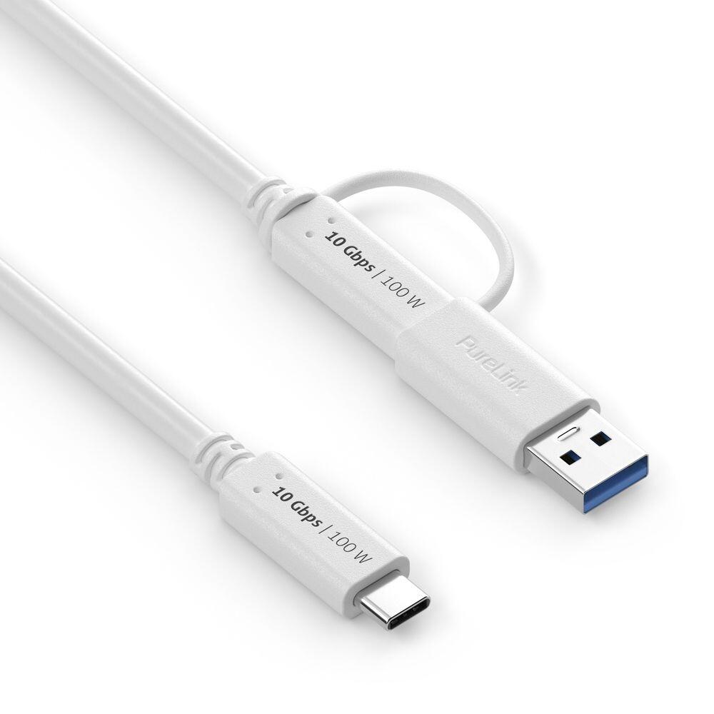 PureLink USB-C auf USB-C Kabel mit USB-A Aufsatz - 3.2 Gen 2x1, 5A, 10G, DP Alt Mode - iSerie - weiß - 0,50m