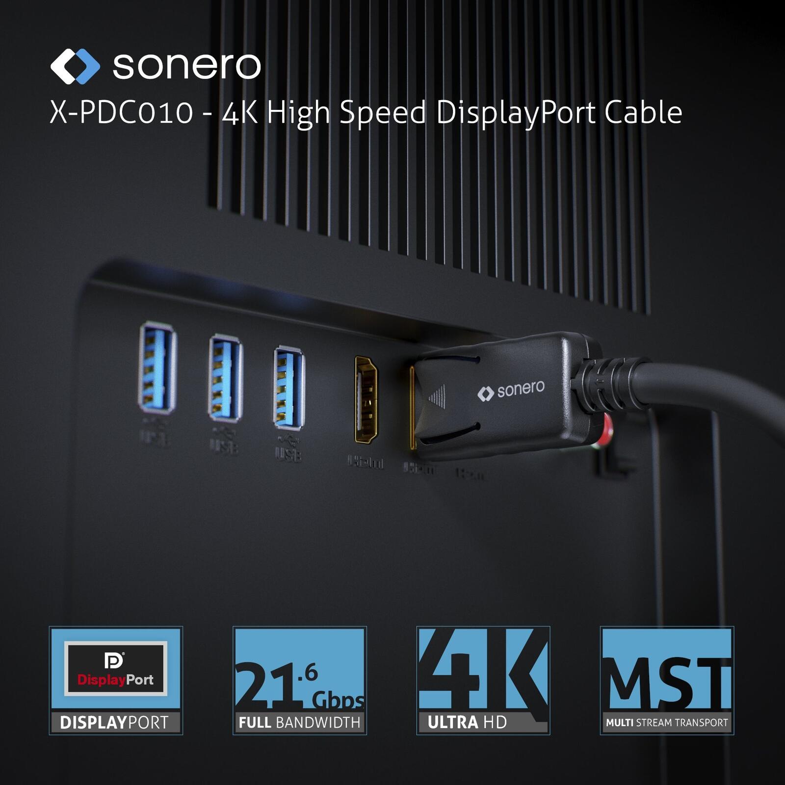 Sonero DisplayPort 1.2v Kabel, 4K60, 30AWG, schwarz, 1,00m