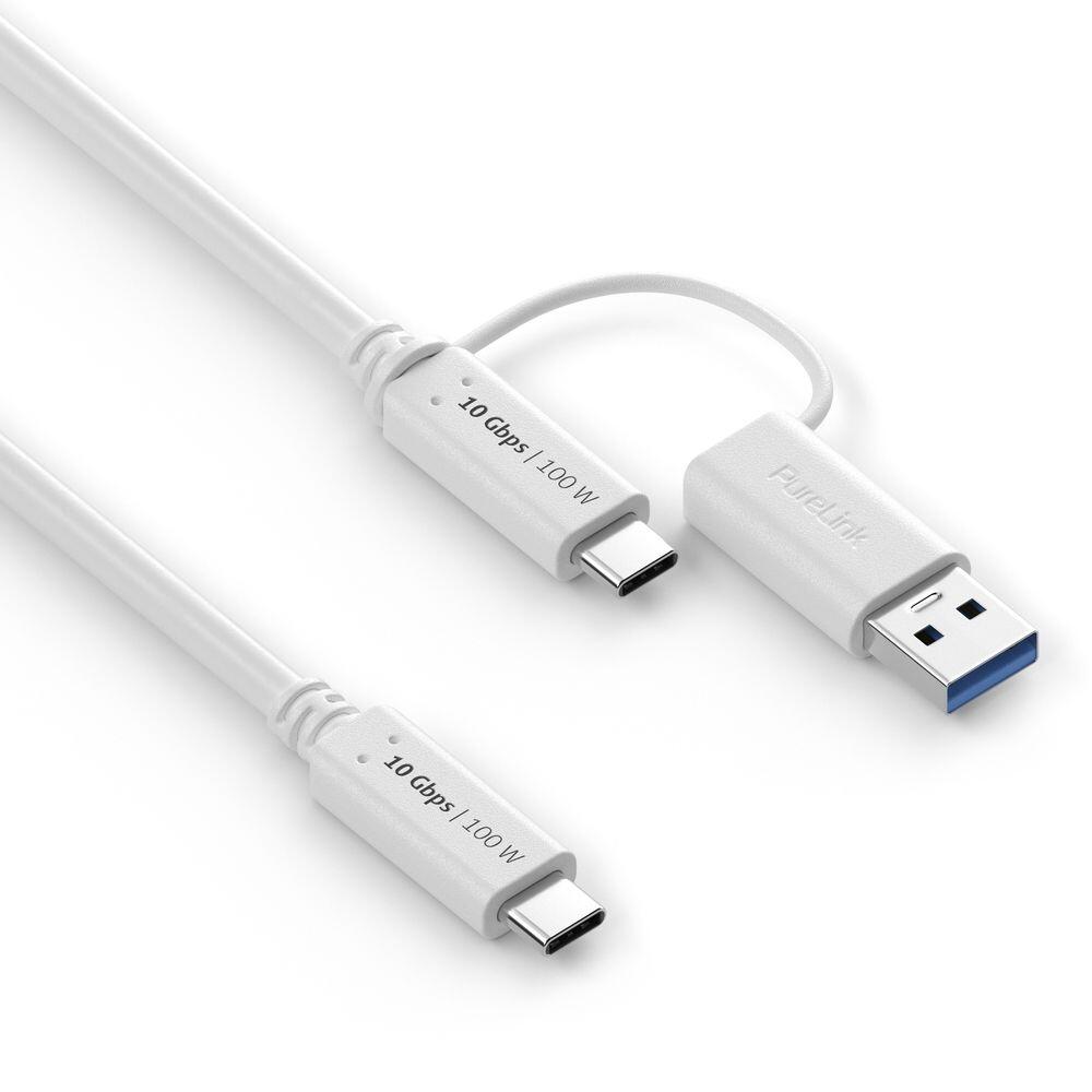 PureLink USB-C auf USB-C Kabel mit USB-A Aufsatz - 3.2 Gen 2x1, 5A, 10G, DP Alt Mode - iSerie - weiß - 0,50m