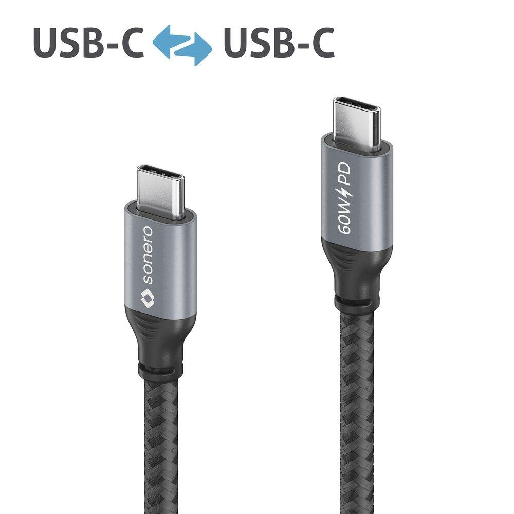 Sonero USB-C auf USB-C Ladekabel - USB 2.0, 60W PD - grau/schwarz - 3,00m