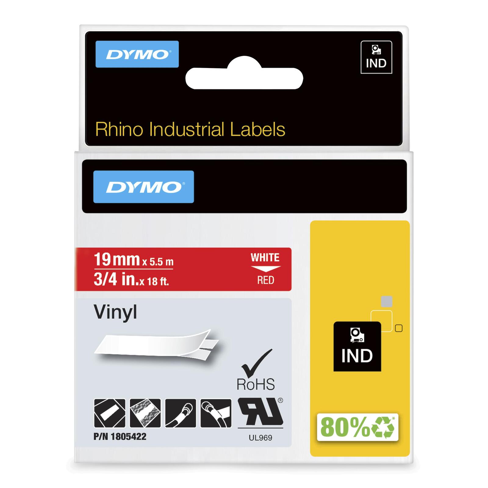 DYMO® Original IND-Schriftband für Rhino, farbiges Vinyl - weiss auf rot