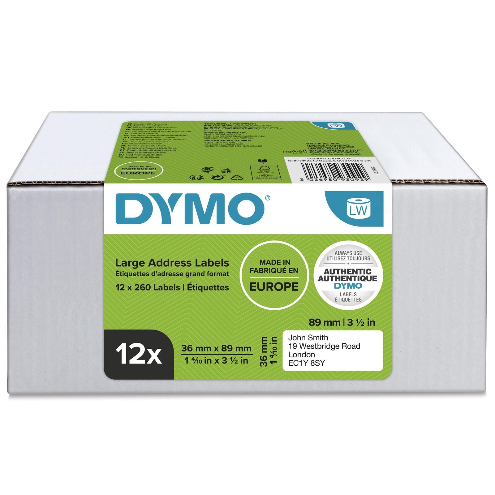 DYMO® Original Etikett für LabelWriter™, Vorteilspack, Adressen - weiss - permanent haftend, 12 x 260 Etiketten