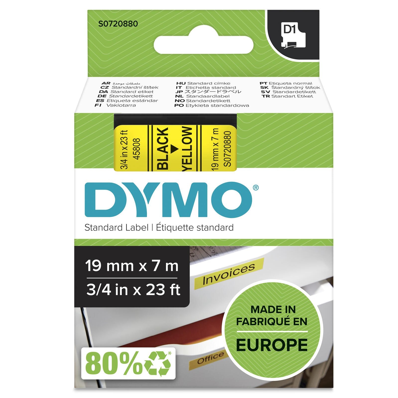 DYMO® Original D1-Schriftband für LabelManager™ 19mm x 7m - Polyester, wieder ablösbar - schwarz auf gelb
