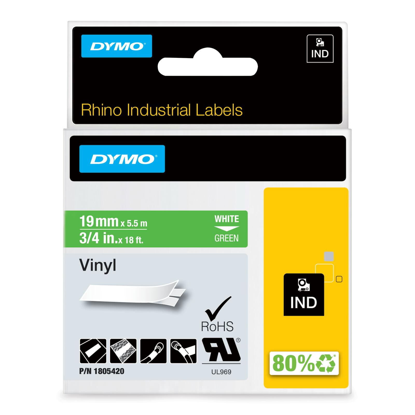 DYMO® Original IND-Schriftband für Rhino, farbiges Vinyl - weiss auf grün