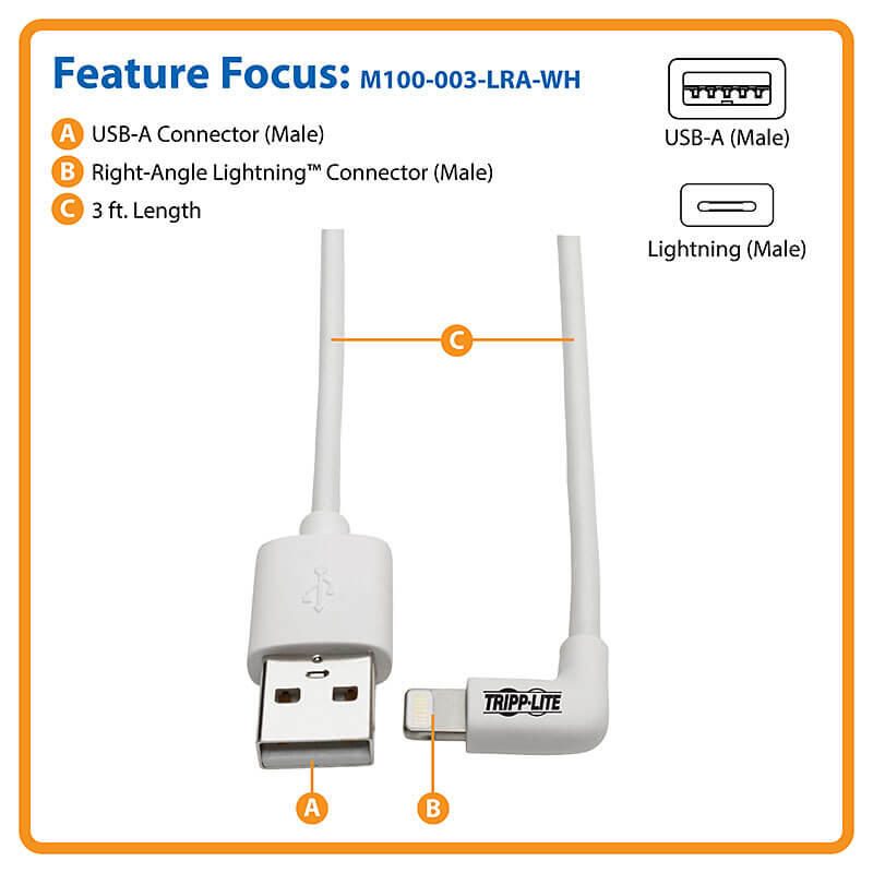 Eaton Tripp Lite Series Rechtwinkliges USB-A zu Lightning Sync/Ladekabel, MFi-zertifiziert - Weiß, Stecker/Stecker, USB
