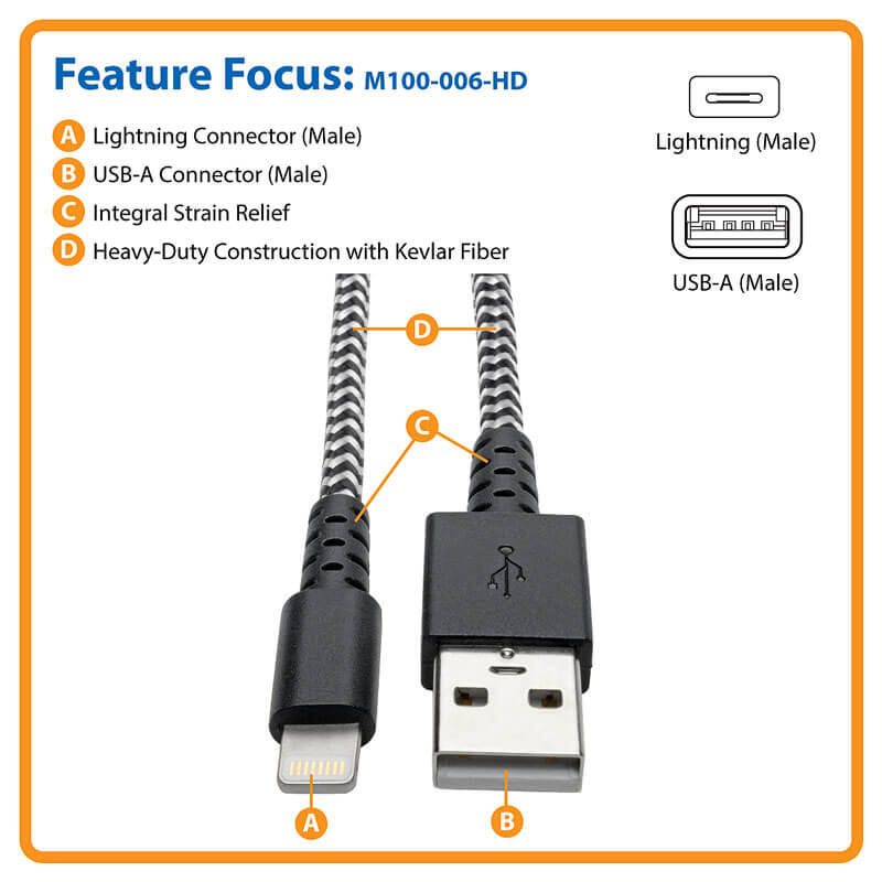 Eaton Tripp Lite Series Heavy-Duty USB-A zu Lightning Sync/Ladekabel, MFi-zertifiziert - Stecker/Stecker, USB 2.0, 6 ft.
