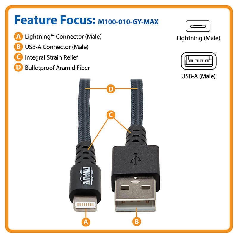 Eaton Tripp Lite Series Hochleistungsfähiges USB-A auf Lightning Sync-/Ladekabel, UHMWPE und Aramidfasern, MFi-zertifizi