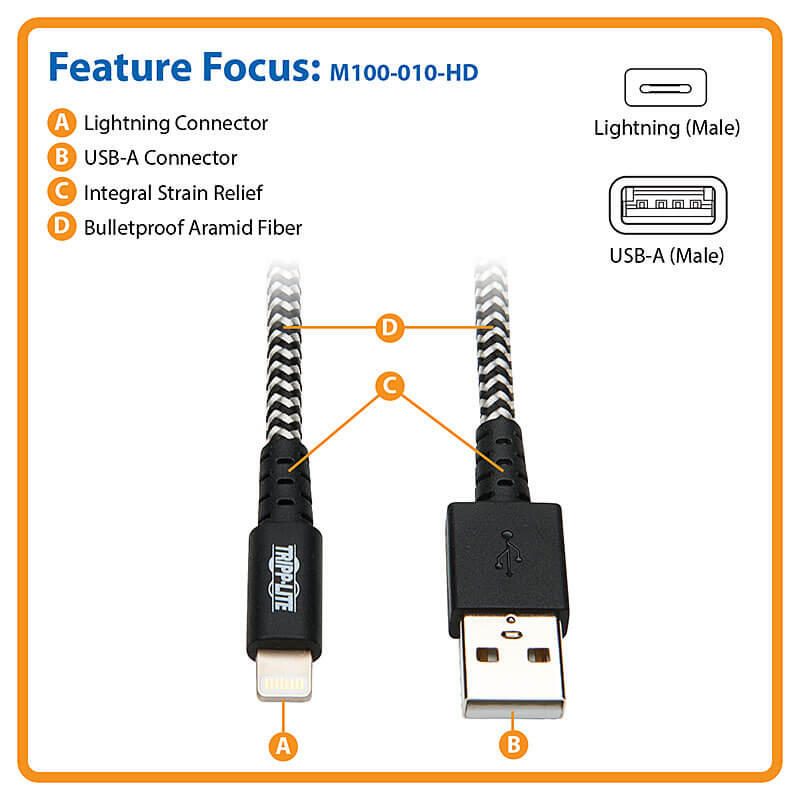 Eaton Tripp Lite Series Heavy-Duty USB-A zu Lightning Sync/Ladekabel, MFi-zertifiziert- Stecker/Stecker, USB 2.0, 10 ft.
