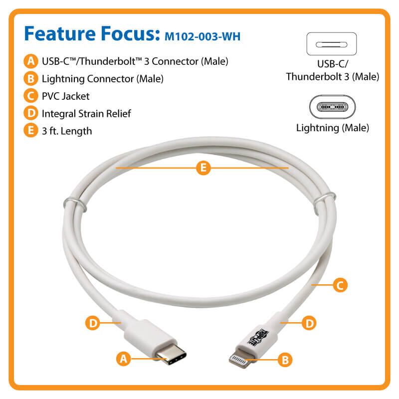 Eaton Tripp Lite Series USB-C zu Lightning Sync/Charge Kabel (Stecker/Stecker), MFi Certified, White, 3 ft. (0.9 m)