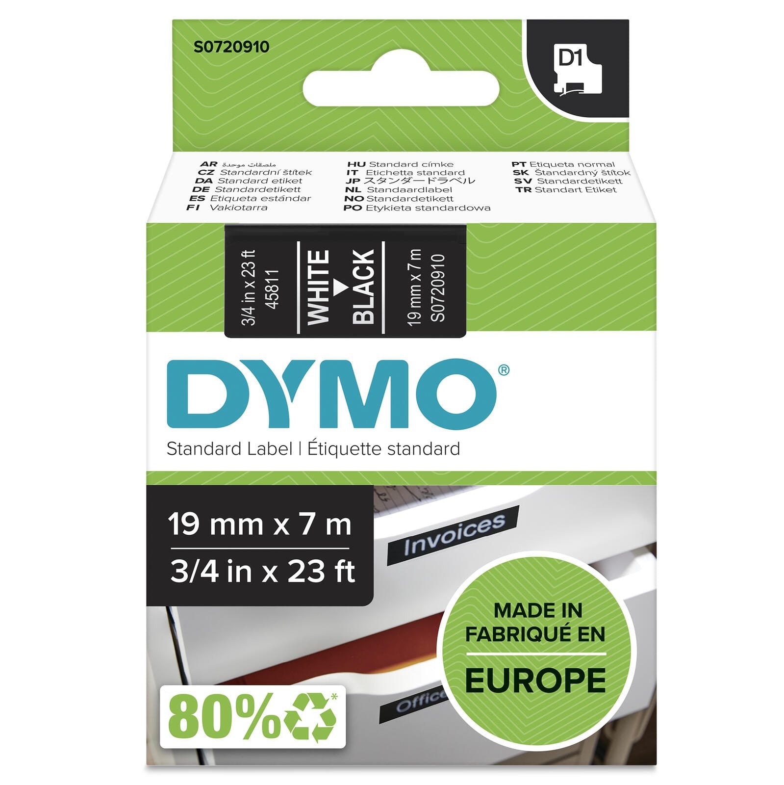 DYMO® Original D1-Schriftband für LabelManager™ 19mm x 7m - Polyester, wieder ablösbar - weiss auf schwarz