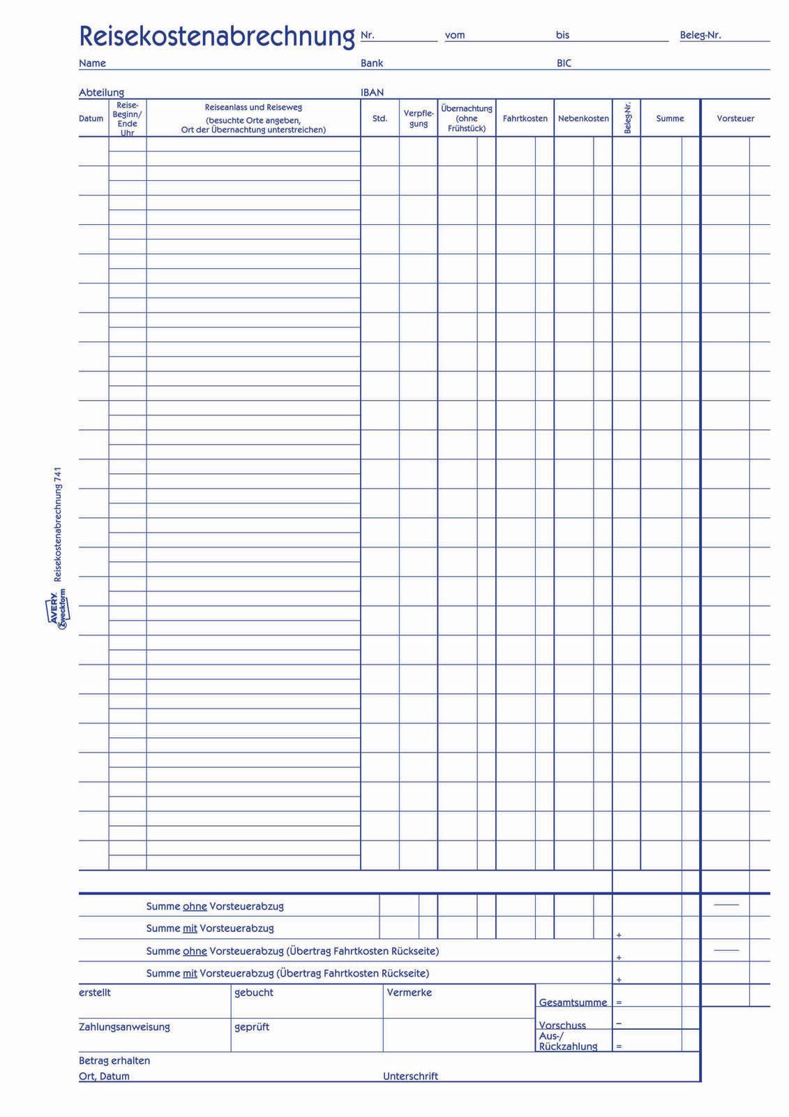 AVERY Zweckform Formularbuch Reisekostenabrechnung monatlich DIN A4 1x 50 Seiten