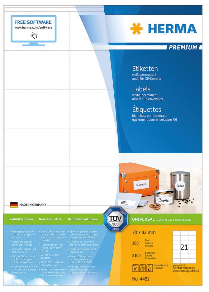 HERMA Etiketten 4451 weiß 70,0 x 42,0 mm
