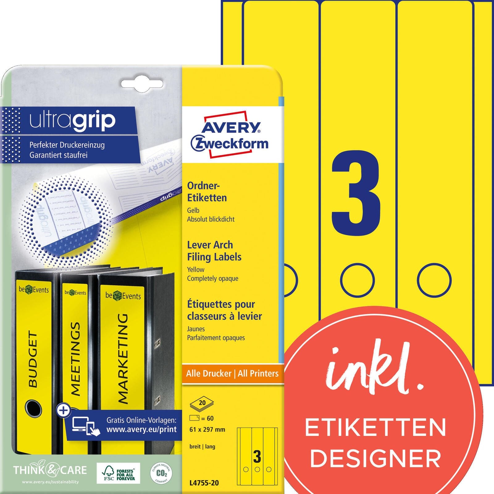 AVERY Zweckform Ordneretiketten 61,0 x 297,0 mm gelb