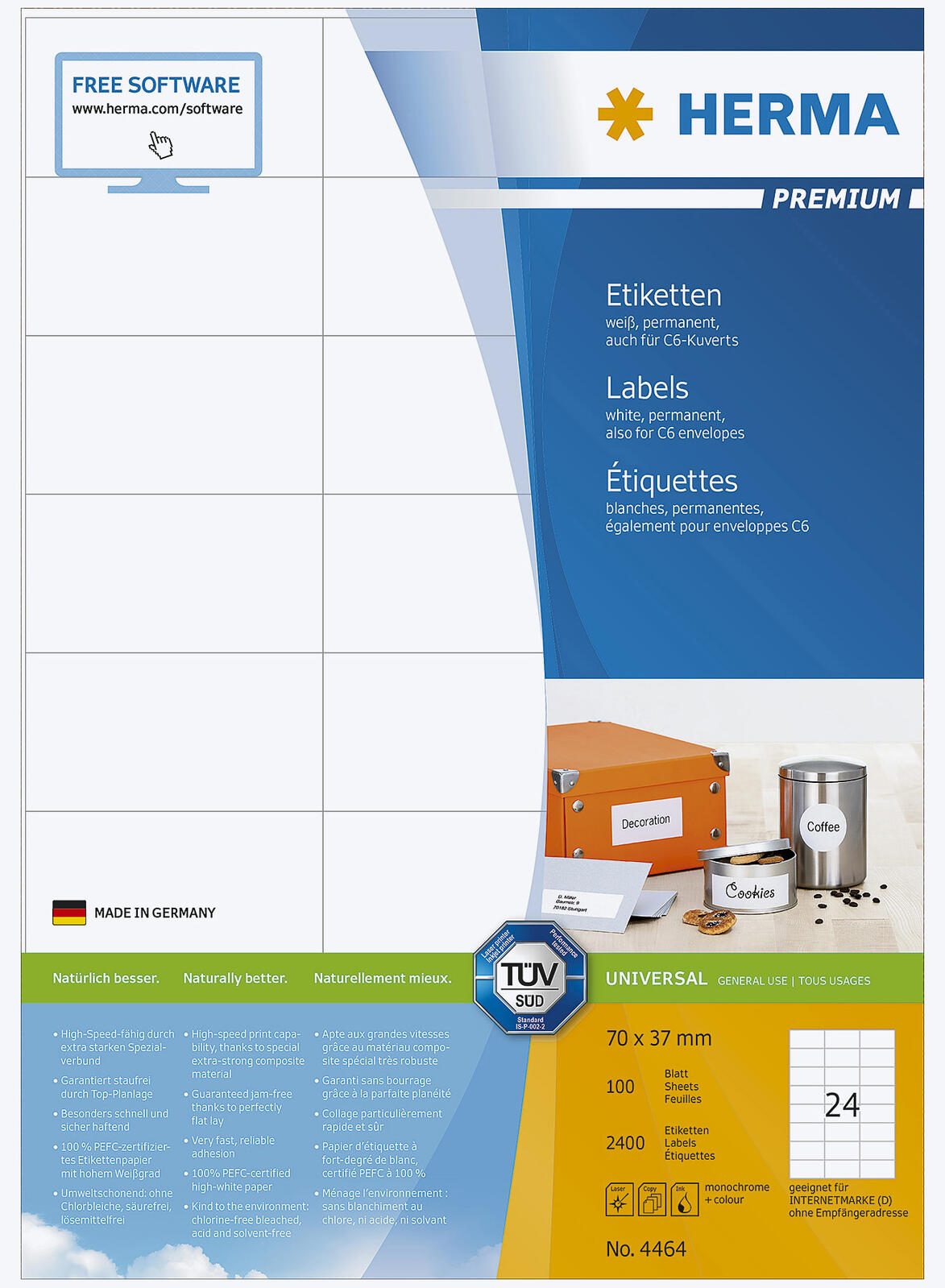 HERMA Etiketten 4464 weiß 70,0 x 37,0 mm