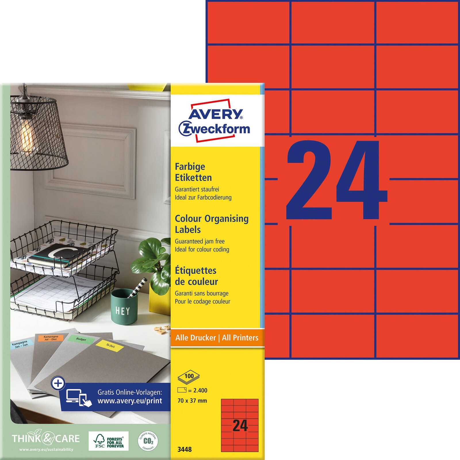 AVERY Zweckform Etiketten 3448 rot 70,0 x 37,0 mm