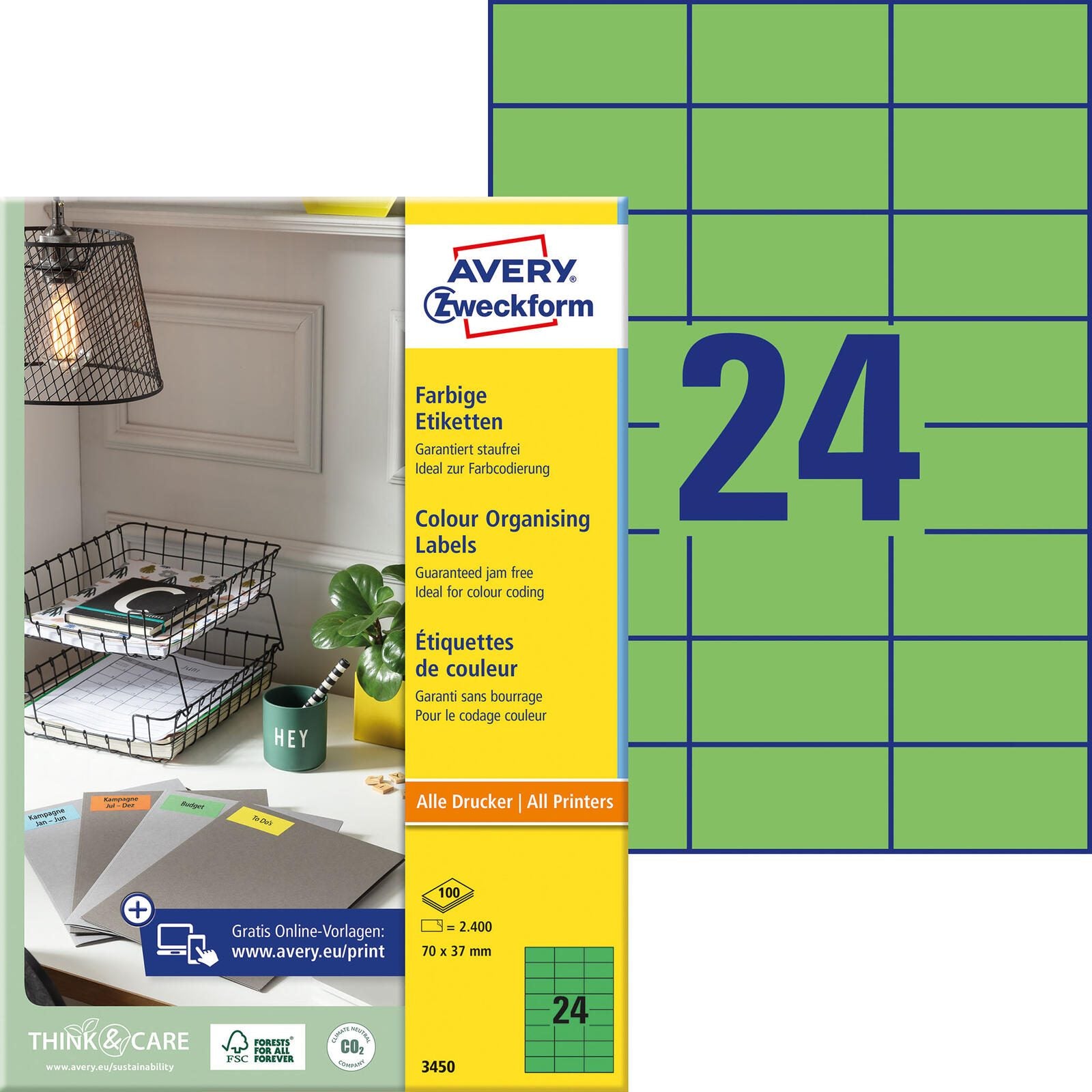 AVERY Zweckform Etiketten 3450 grün 70,0 x 37,0 mm