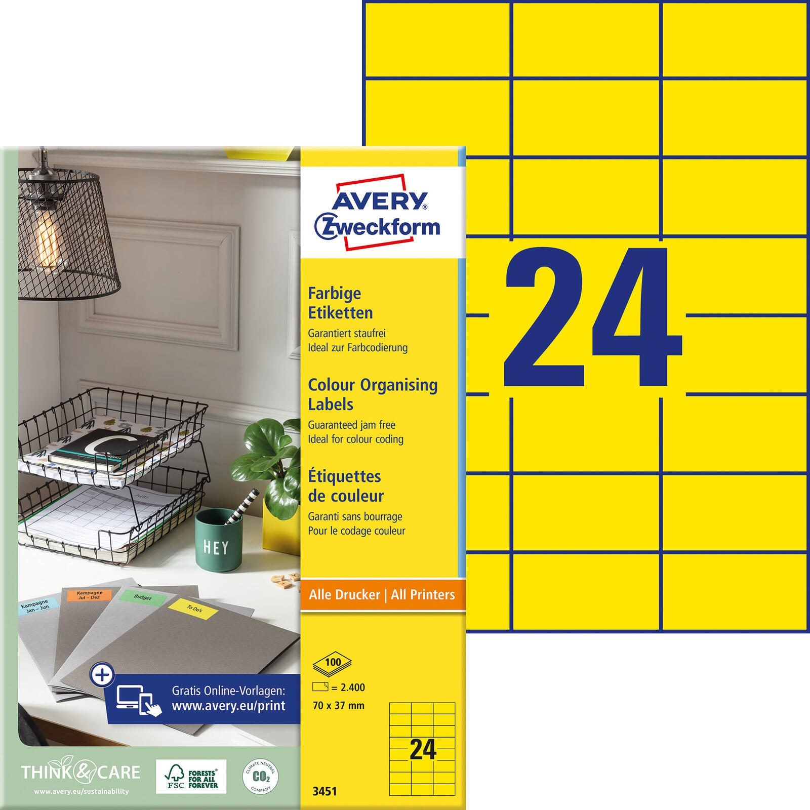 AVERY Zweckform Etiketten 3451 gelb 70,0 x 37,0 mm