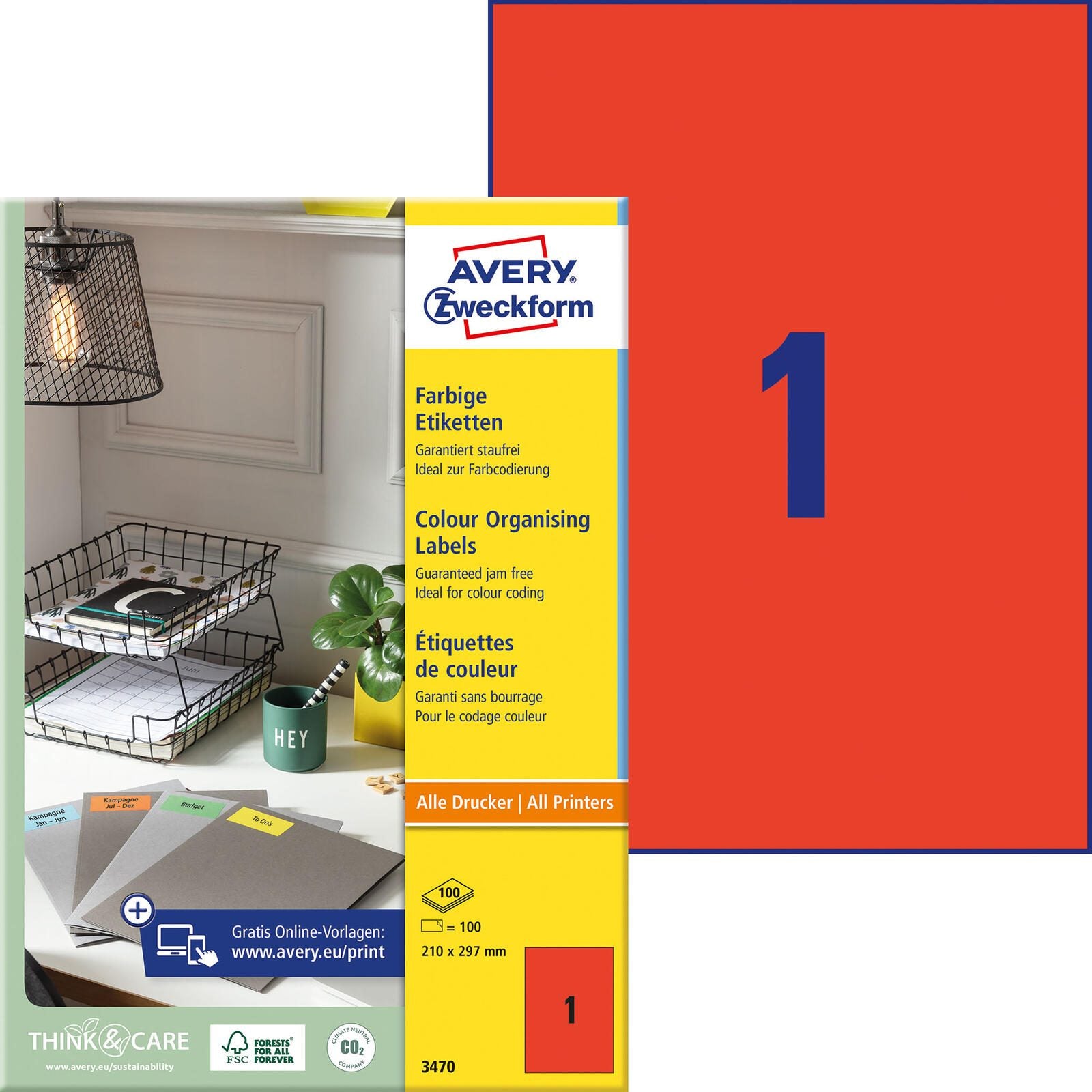 AVERY Zweckform Etiketten 3470 rot 210,0 x 297,0 mm