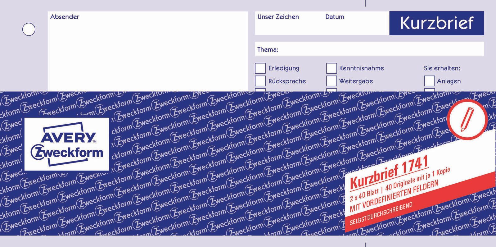 AVERY Zweckform Formularbuch Kurzbrief 1/3 DIN A4 2x 40 Seiten