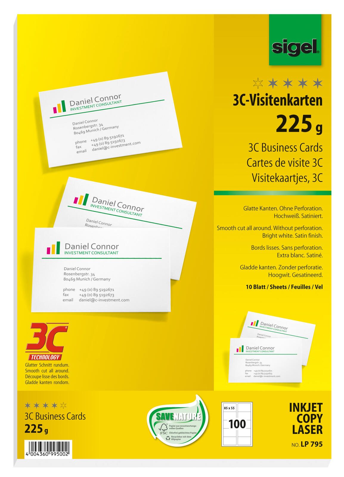SIGEL Visitenkarten 225 g/m² satiniert hochweiß
