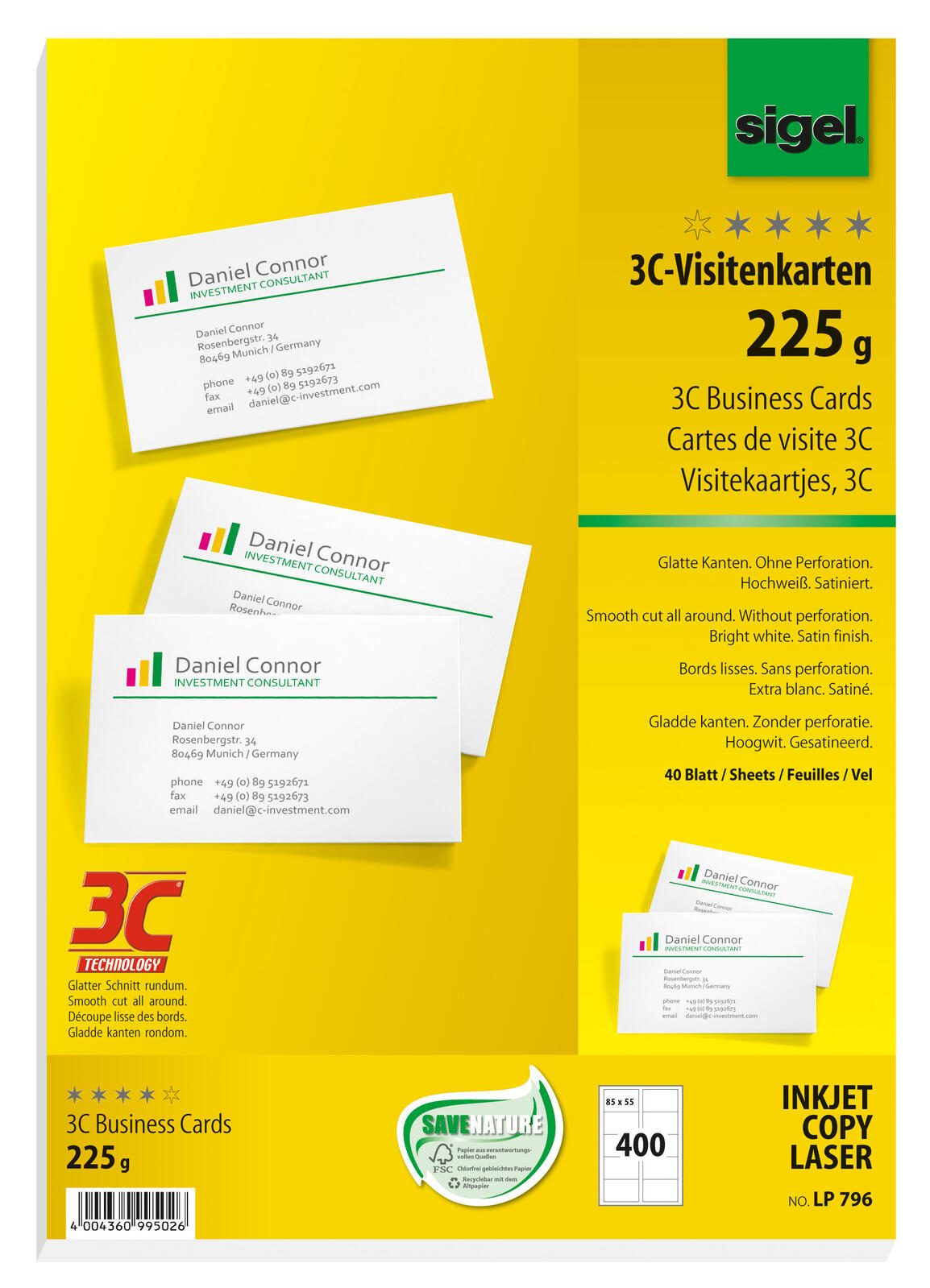SIGEL Visitenkarten 225 g/m² satiniert hochweiß