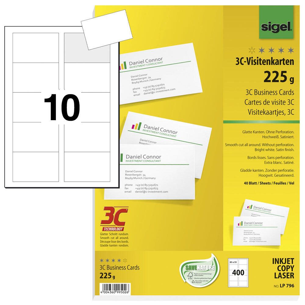 SIGEL Visitenkarten 225 g/m² satiniert hochweiß