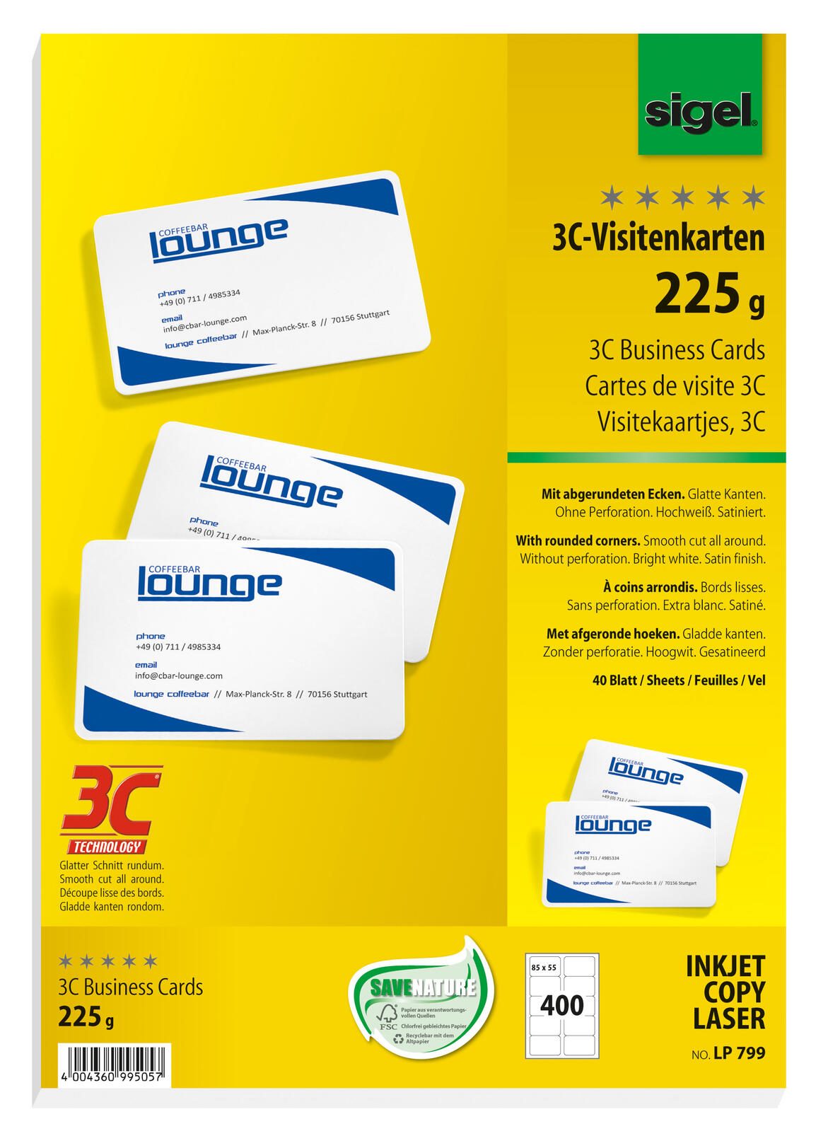 SIGEL Visitenkarten 225 g/m² satiniert hochweiß