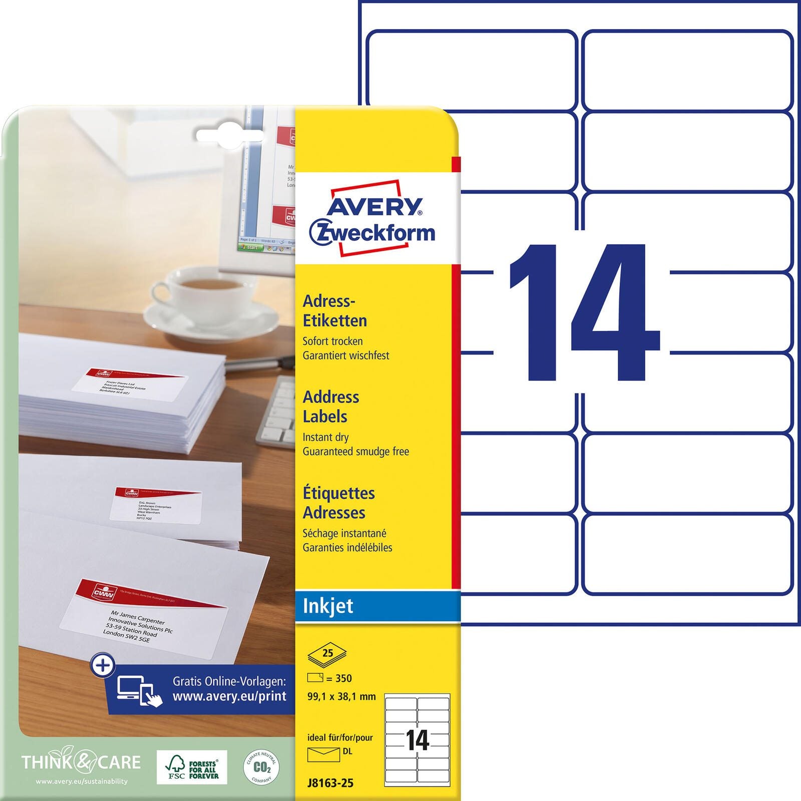 AVERY Zweckform Adressetiketten J8163-25 weiß 99,1 x 38,1 mm
