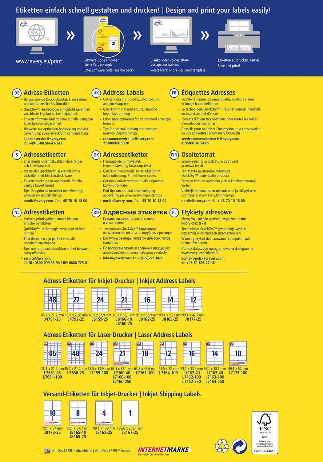 AVERY Zweckform Adressetiketten J8163-25 weiß 99,1 x 38,1 mm