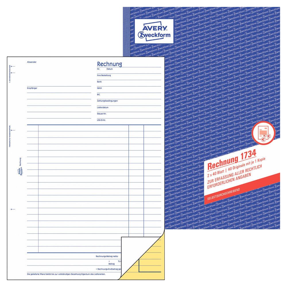AVERY Zweckform Formularbuch Rechnung DIN A4 2x 40 Seiten