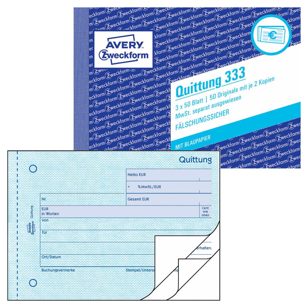 AVERY Zweckform Formularbuch Quittung, MwSt. separat ausgewiesen DIN A6 quer 3x 50 Seiten