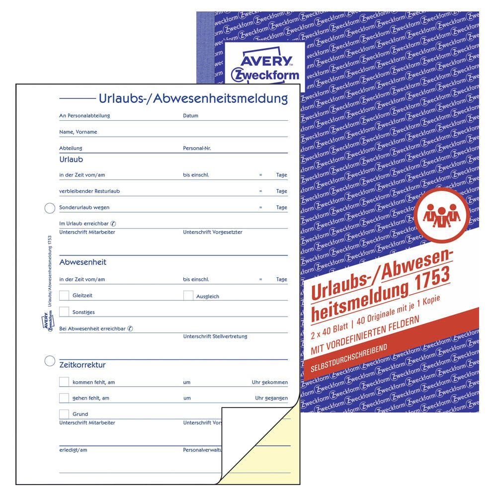 AVERY Zweckform Formularbuch Urlaubsabwesenheitsmeldung DIN A5 2x 40 Seiten