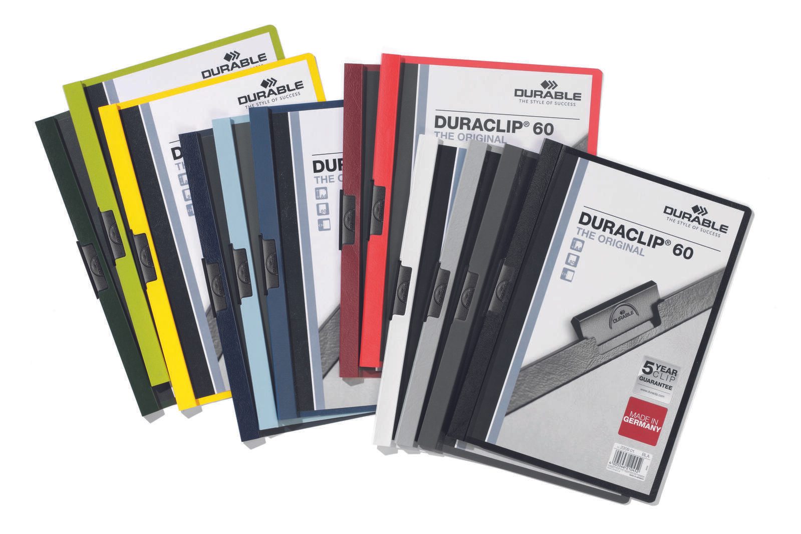 DURABLE Klemmhefter Duraclip DIN A4 5x rot, weiß, anthrazit, hellblau und dunkelgrün