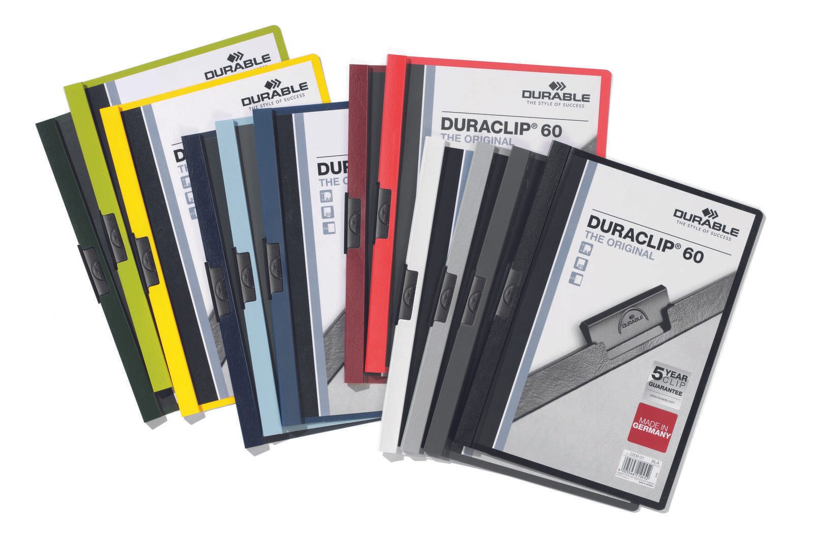 DURABLE Klemmhefter Duraclip DIN A4 5x rot, weiß, anthrazit, hellblau und dunkelgrün