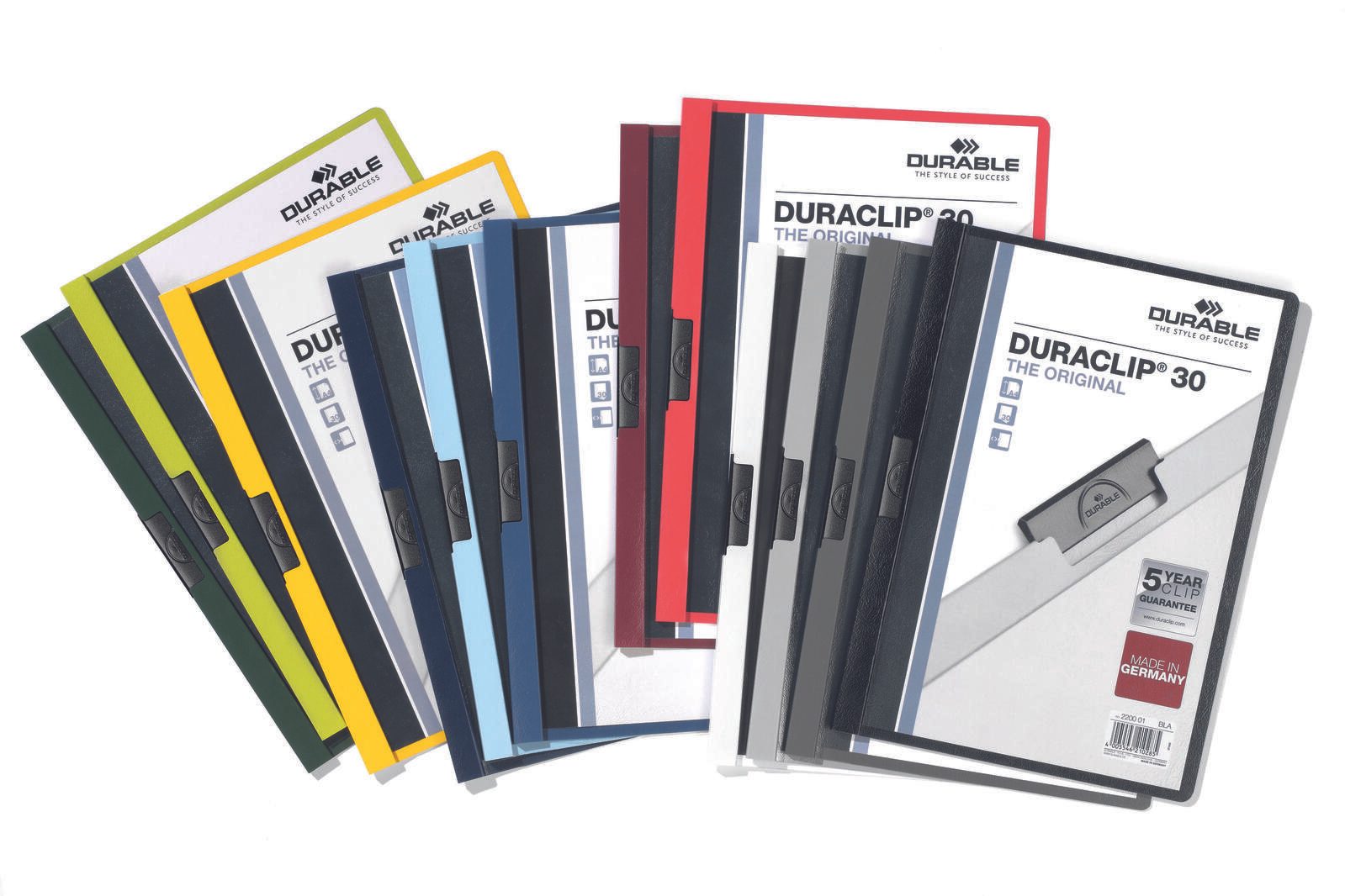 DURABLE Klemmhefter Duraclip DIN A4 5x rot, weiß, anthrazit, hellblau und dunkelgrün