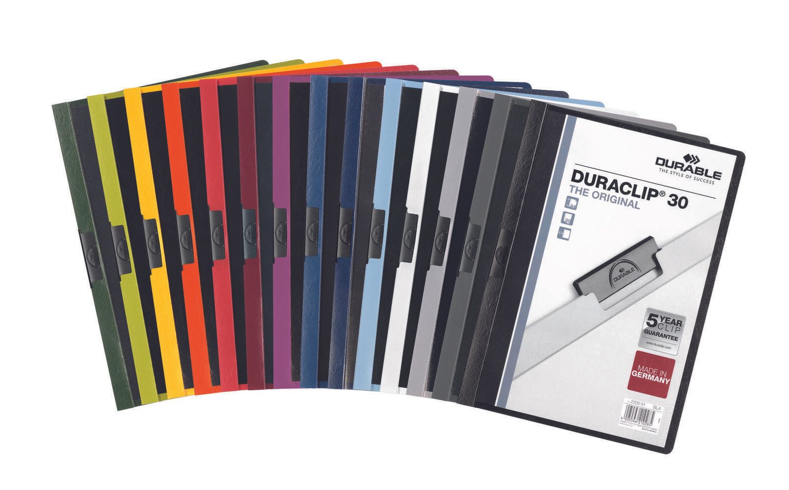DURABLE Klemmhefter Duraclip DIN A4 5x rot, weiß, anthrazit, hellblau und dunkelgrün