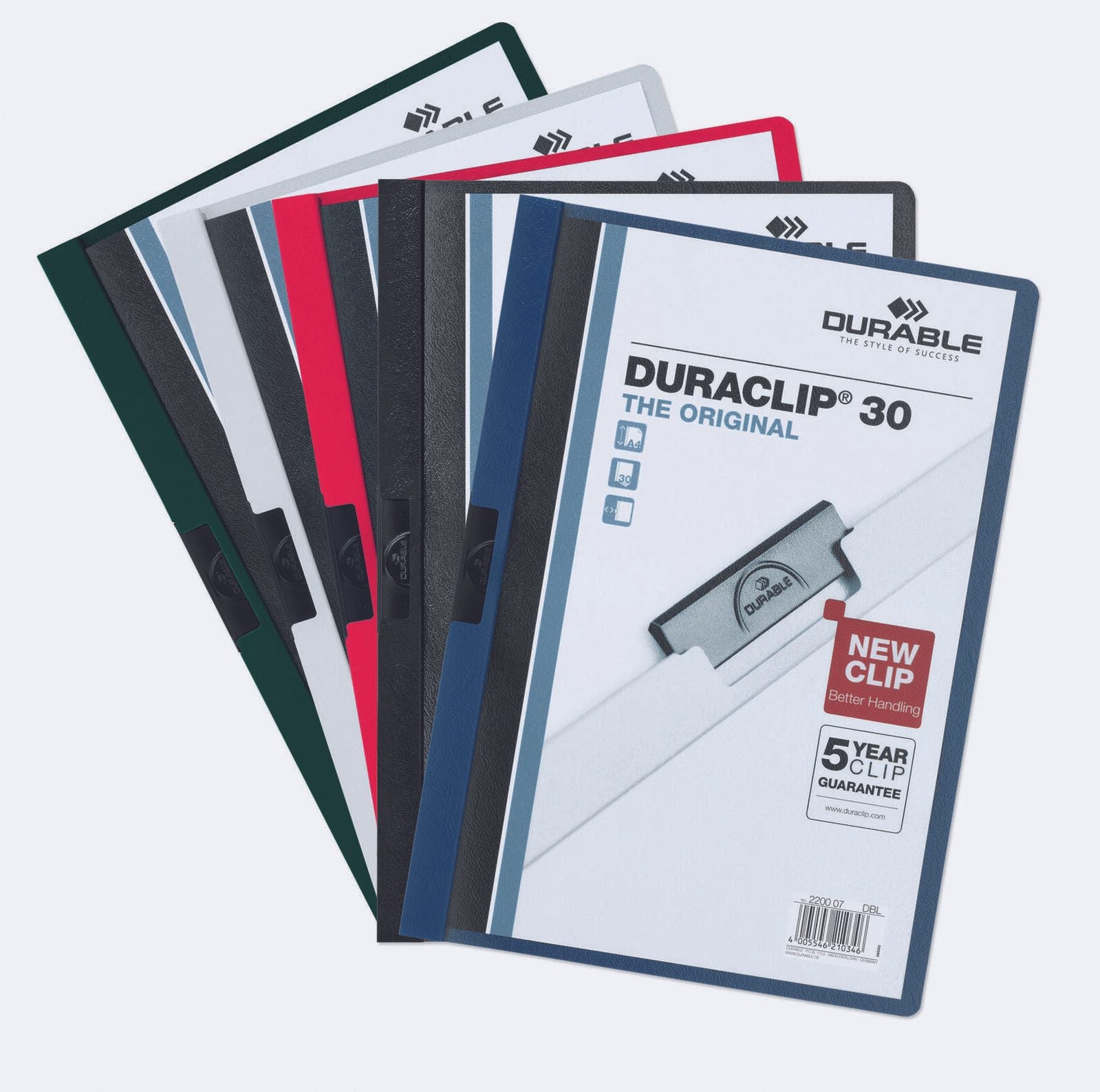 DURABLE Klemmhefter Duraclip DIN A4 rot, schwarz, weiß, dunkelblau und dunkelgrün