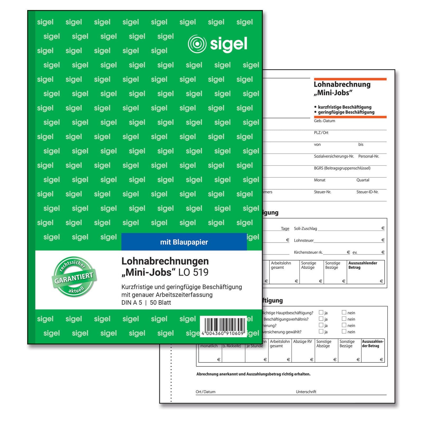 SIGEL Formularbuch Lohnabrechnung für geringfügig/kurzfristig Beschäftigte DIN A5 1x 50 Seiten