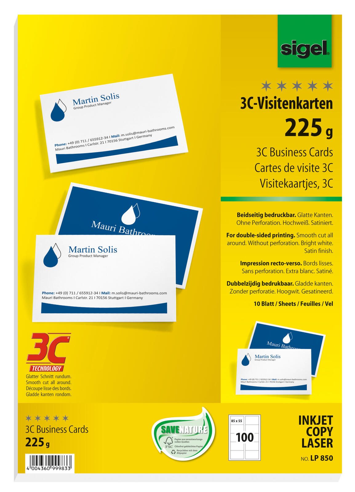 SIGEL Visitenkarten 225 g/m² satiniert hochweiß
